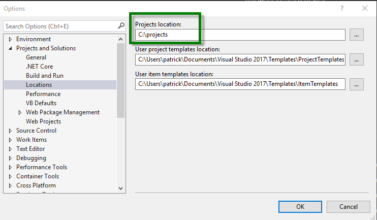 Visual Studio's default path for new projects • draptik